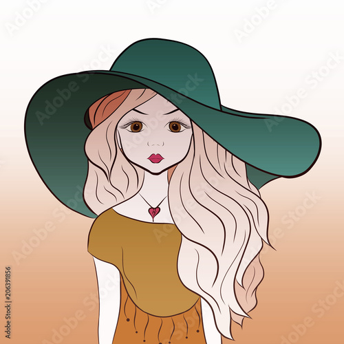 Beautiful young lady in a summer hat with thick long hair