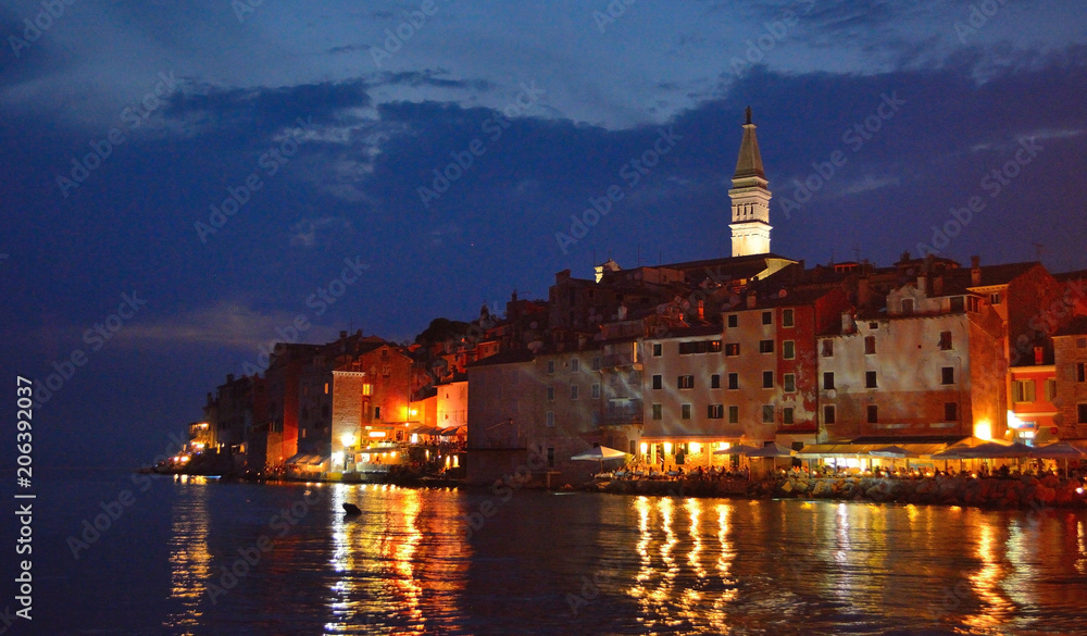 Old town of Rovinj Croatia at night with lights and reflections