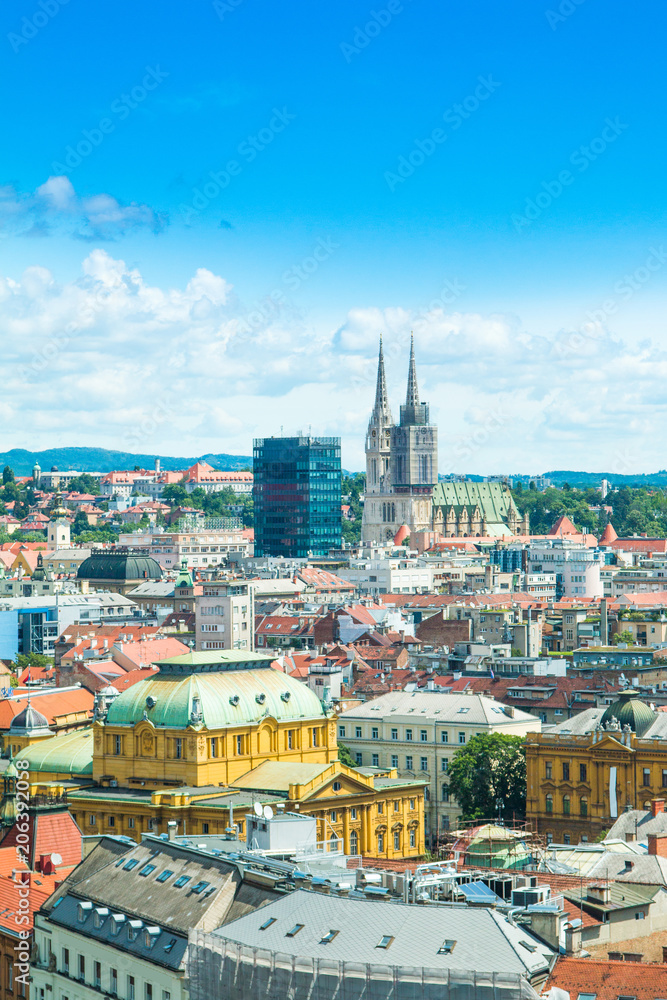 Panoramic view on Zagreb center and catholic cathedral, Croatia 