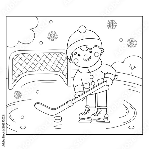 Coloring Page Outline Of cartoon boy playing hockey. Winter sports. Coloring book for kids
