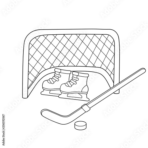 Hockey. Skates. Hockey stick. Winter sports. Coloring book for kids