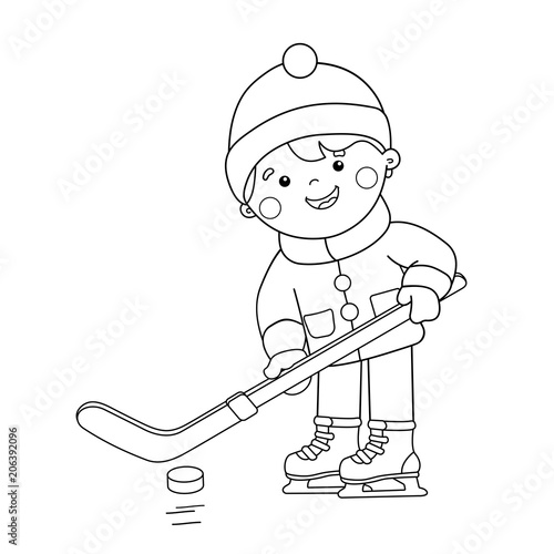 Coloring Page Outline Of cartoon boy playing hockey. Winter sports. Coloring book for kids