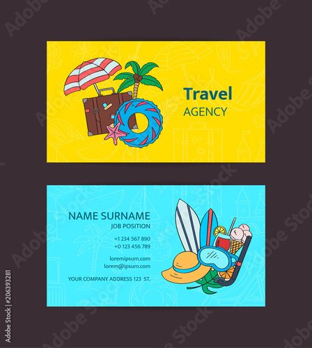 Hand drawn colored beach objects. Vector summer travel doodle elements business card template illustration for travel agency or beach accessories shop