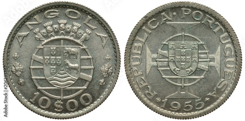 Portuguese Angola Angolan silver coin 10 ten escudo 1955, colony arms with elephant an zebra, denomination below, arms of Portugal, bluish patina, silver,