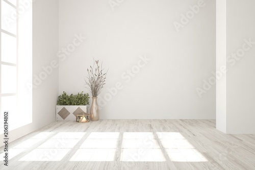 White empty room with home decor. Scandinavian interior design. 3D illustration
