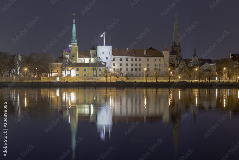Panorama of the night Riga, capital of Latvia. Riga Castle night view