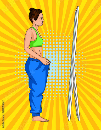 Vector colorful illustration of a woman in sportswear  looking at reflection in a mirror. Thinner young girl standing in front of mirror with big size pants