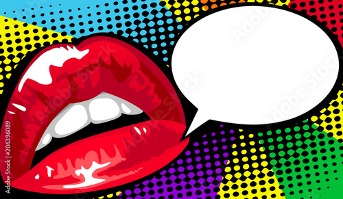Women's Red Lips Comics. Vector bright dynamic cartoon illustration. Pop Art style. Bla-bla. Open mouth. promotional background, presentation poster. Flat design, vector illustration.
