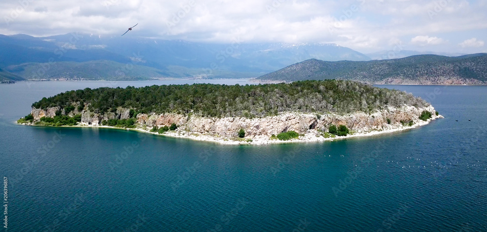 island golem grad, lake prespa ,macedonia, aerial view