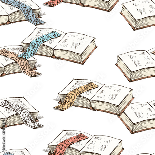 Seamless pattern of  books with bookmarks