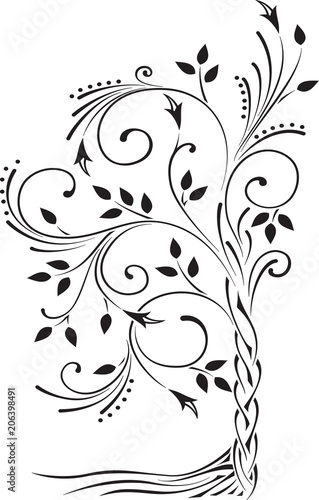 Black and white illustration of a beautiful stylized tree with leaves and roots.