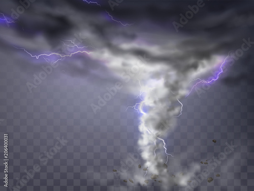 Vector realistic tornado with lightnings, destructive hurricane isolated on transparent background. Wind cyclone, twisted vortex with flashes of light and flying stones, dangerous natural disaster
