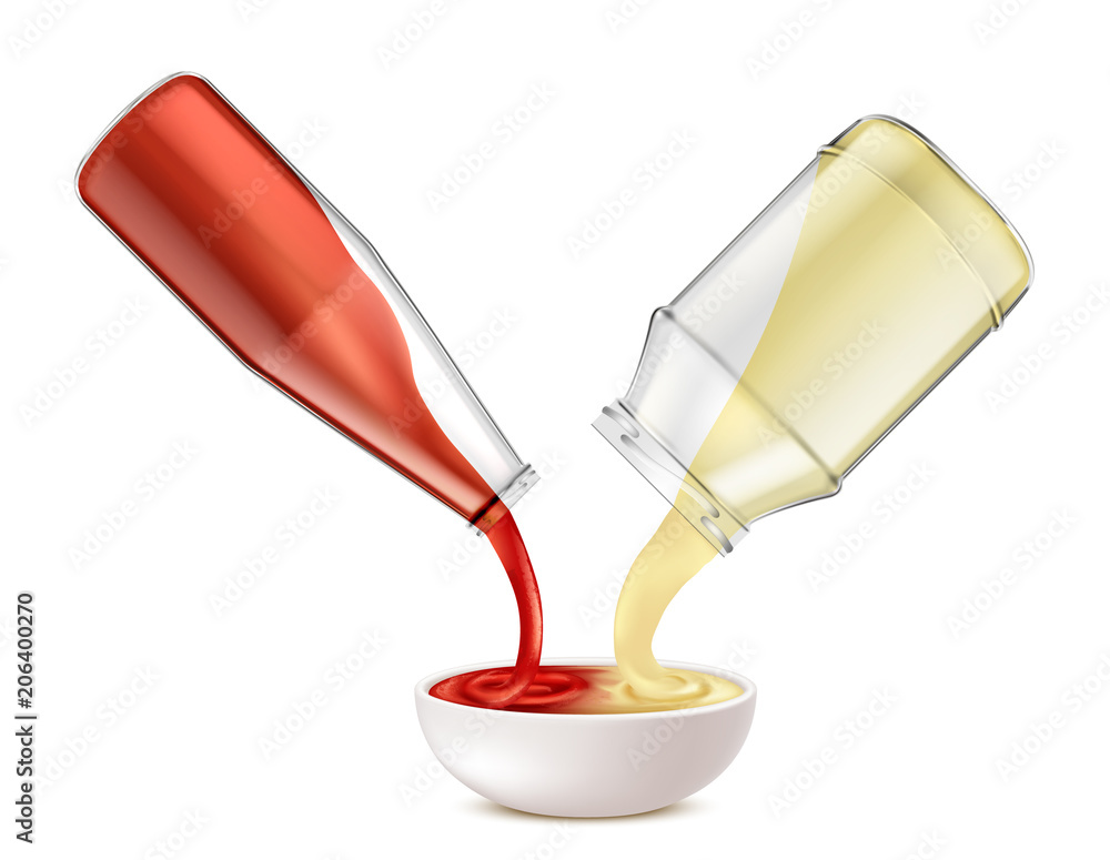 Sauce recipe vector concept illustration. Mockup with tomato ketchup and mayonnaise, pouring from glass bottles, blend in white ceramic bowl to get mayochup, tasty condiment for picnic and barbecue Sauce recipe vector concept illustration. Mockup with tomato ketchup and mayonnaise, pouring from glass bottles, blend in white ceramic bowl to get mayochup, tasty condiment for picnic and barbecue