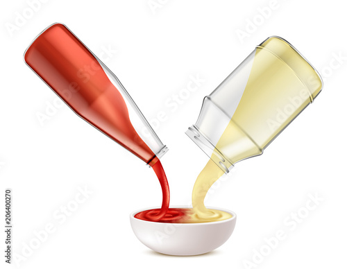 Sauce recipe vector concept illustration. Mockup with tomato ketchup and mayonnaise, pouring from glass bottles, blend in white ceramic bowl to get mayochup, tasty condiment for picnic and barbecue