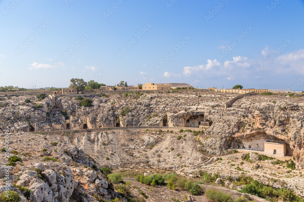Mosta, Malta. Fortification of the Victoria Line in the rocks (XIX century)