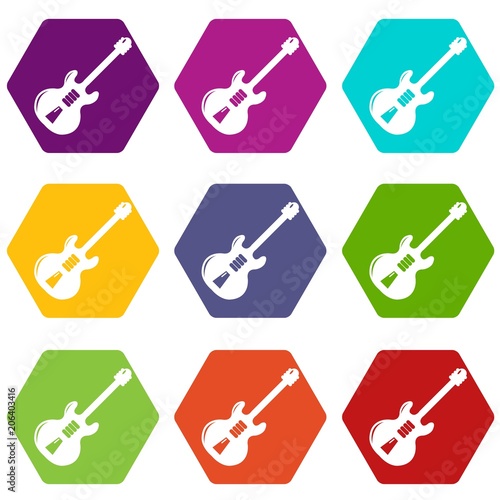 Electric guitar icons 9 set coloful isolated on white for web