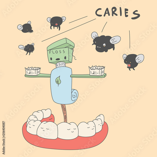 scarecrow from hygiene products protects teeth from caries. Vector illustration for children dentistry and orthodontics. Cute teeth characters.