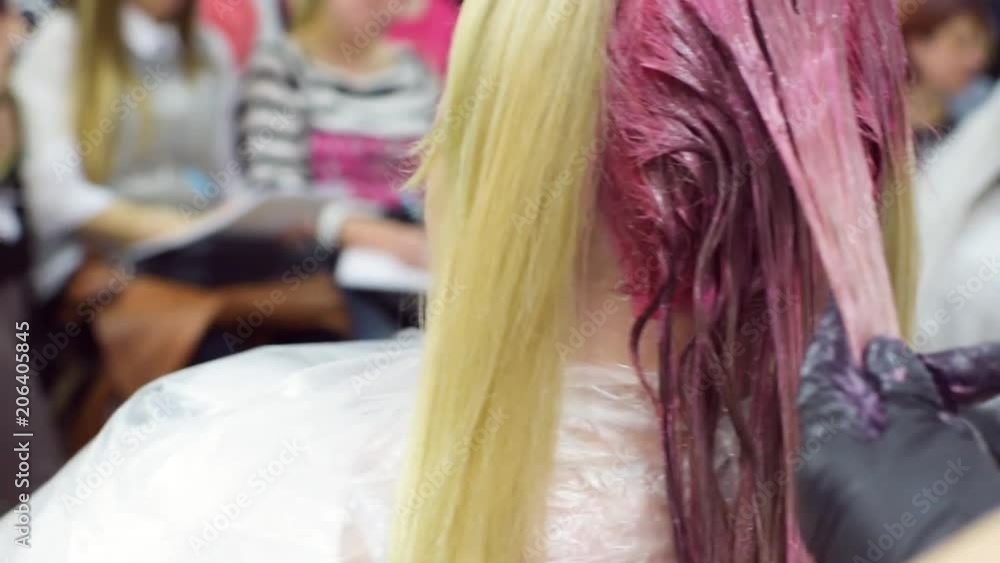 the hairdresser colors the client's hair in pink. master class for hair coloring the hairdresser colors the client's hair in pink. master class for hair coloring
