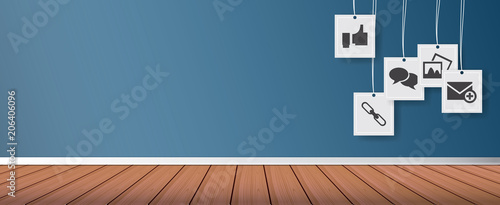 Hanging web and social media stickers header. Web and social media hanging concept.