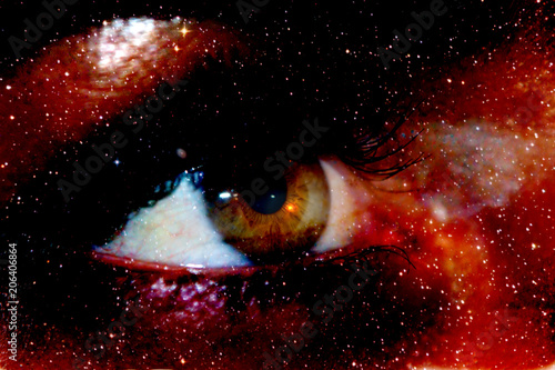 A photograph with a double exposure, the eye looking from the depths of the galaxy into the infinite space of the cosmos. People dream of future interstellar flights