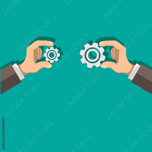 two businessmen hold the gears on their hands. Development, partnership and cooperation. Stock vector of flat graphic illustration