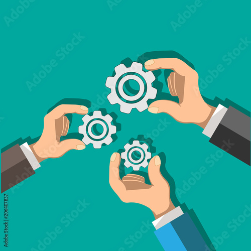 three businessmen hold gears in hands. Symbol of partnership and cooperation. Financial investments in business and start-up. Stock vector cartoon illustration.