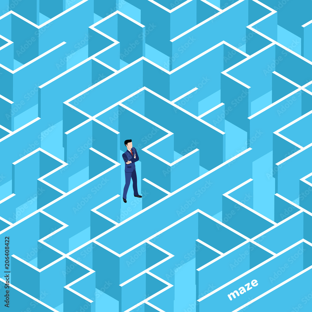 a man in a business suit stands in the middle of a maze, an isometric image a man in a business suit stands in the middle of a maze, an isometric image