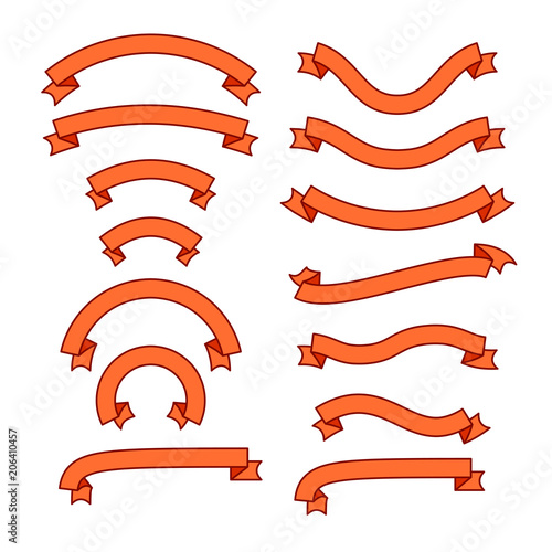 Set of different ribbons, orange tape banner collection, vector illustration