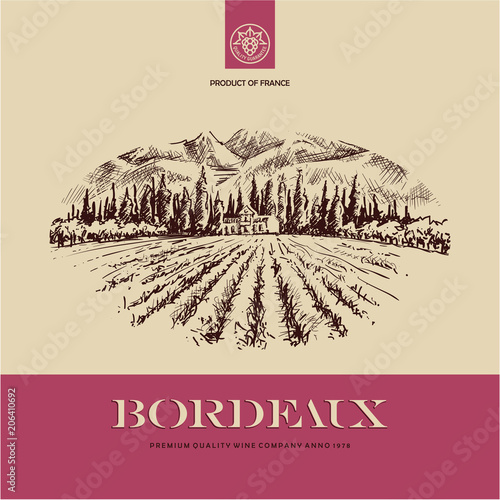 wine label, vineyard landscape hand drawn illustration