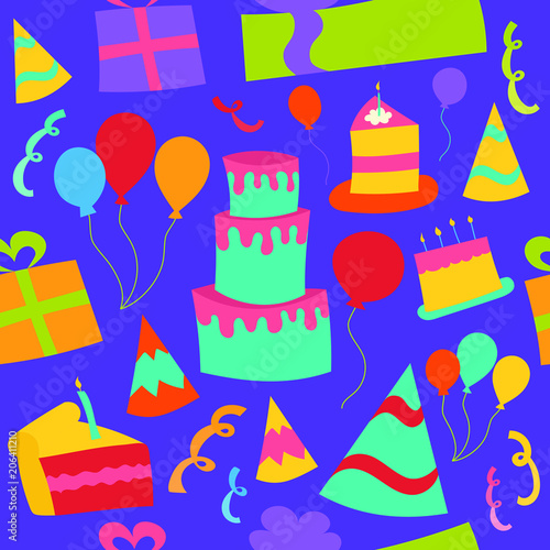 Seamless Birthday Party Background with Cake, Streamers, and Presents