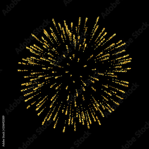 Firework gold isolated. Beautiful golden salute on black background. Bright firework decoration for Christmas card, Happy New Year celebration, anniversary, festival. Vector illustration