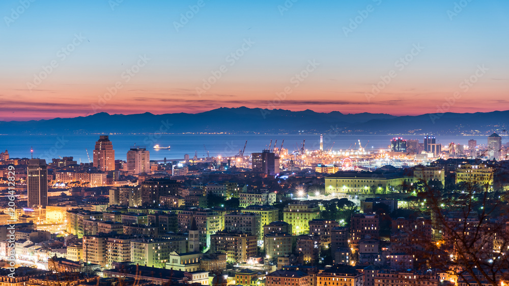 Panoramic view of Genoa during the twilight
