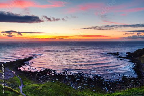 Panoramic view of a Causeway coast and glens with Giants Causeway and sea in Northern Ireland, UK