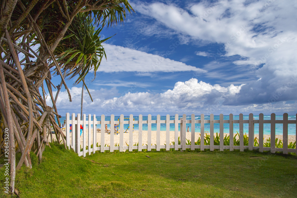 View from a green lawn behind a white fence to the ocean