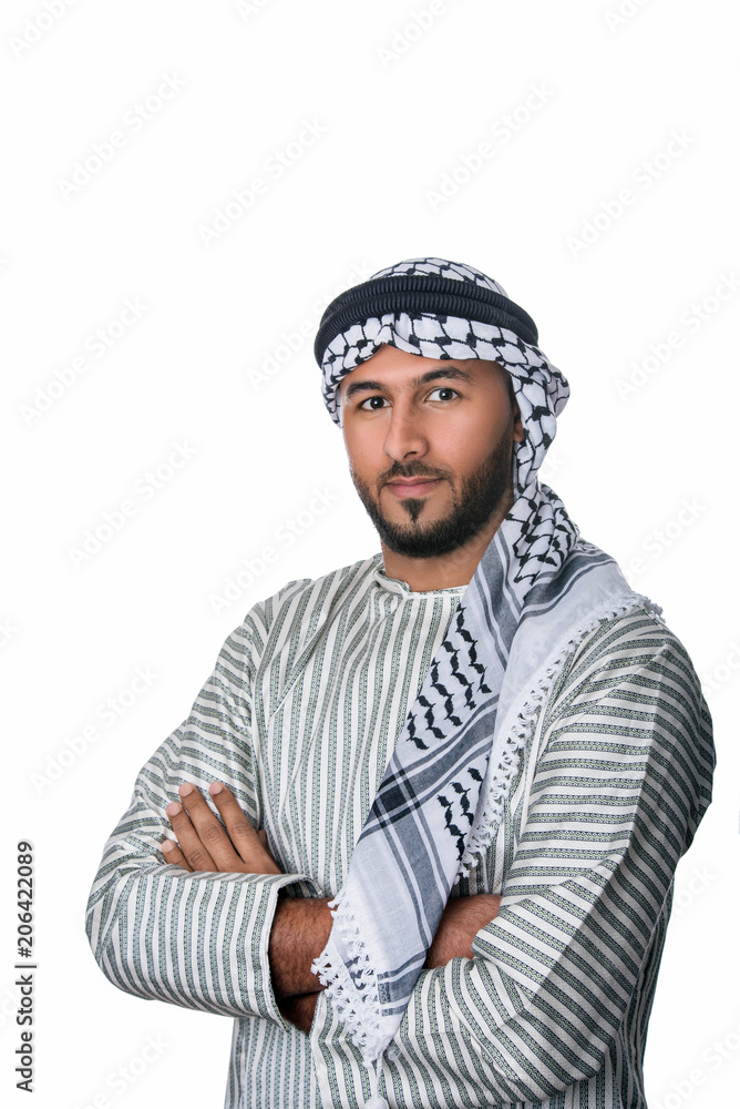 Fototapeta premium Palestinian Arab man in traditional costume standing with his hands folded