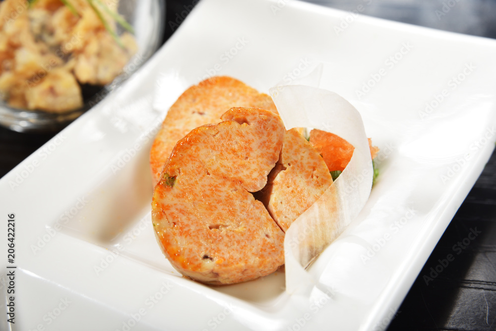 Monkfish liver salad, japanese cuisine Monkfish liver salad, japanese cuisine