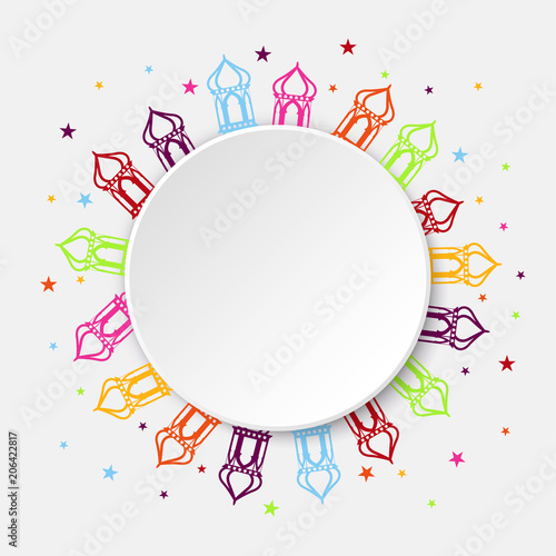 Ramadan Kareem greeting card design paper round with pattern ornament mosque colorful
