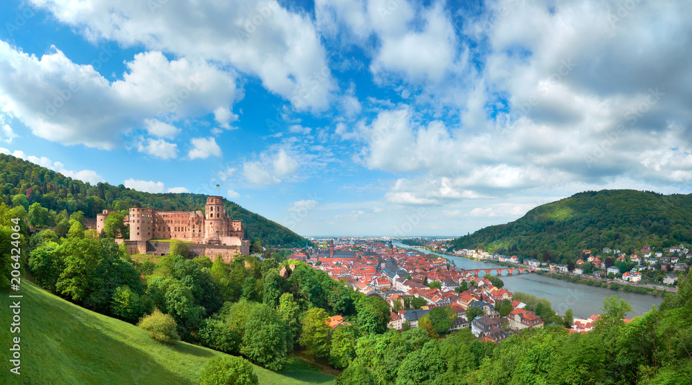 Heidelberg town in Germany and ruins of Heidelberg Castle in Spring