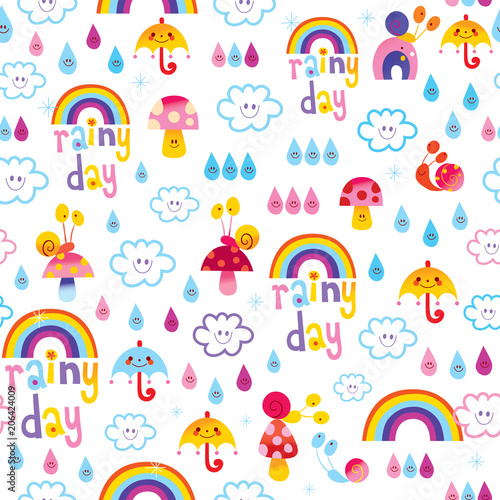 rainy day clouds rainbows umbrellas raindrops snails kids seamless pattern