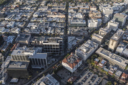 Afternoon aerial view of the business and shopping district near Rodeo Drive and Wilshire Blvd in Beverly Hills, California.