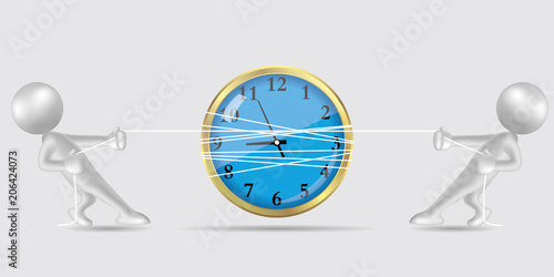 Vector drawn people symbol,tug of war, the clock is in the middle.