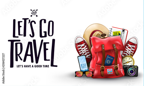 Top View Travel Banner Template with Space for Text Including Realistic 3D Items for Travelling Like Backpack, Sneakers, Mobile Phone, Passport and Sunglasses in Light Blue Background. 
