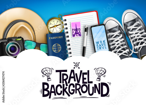 Travel Background Banner Template with Travelling 3D Realistic  Items Such as Hat, Camera, Sunglasses, Passport, Compass, Notepad, Pen, Mobile Phone and Pair of Sneakers. Vector Illustration
