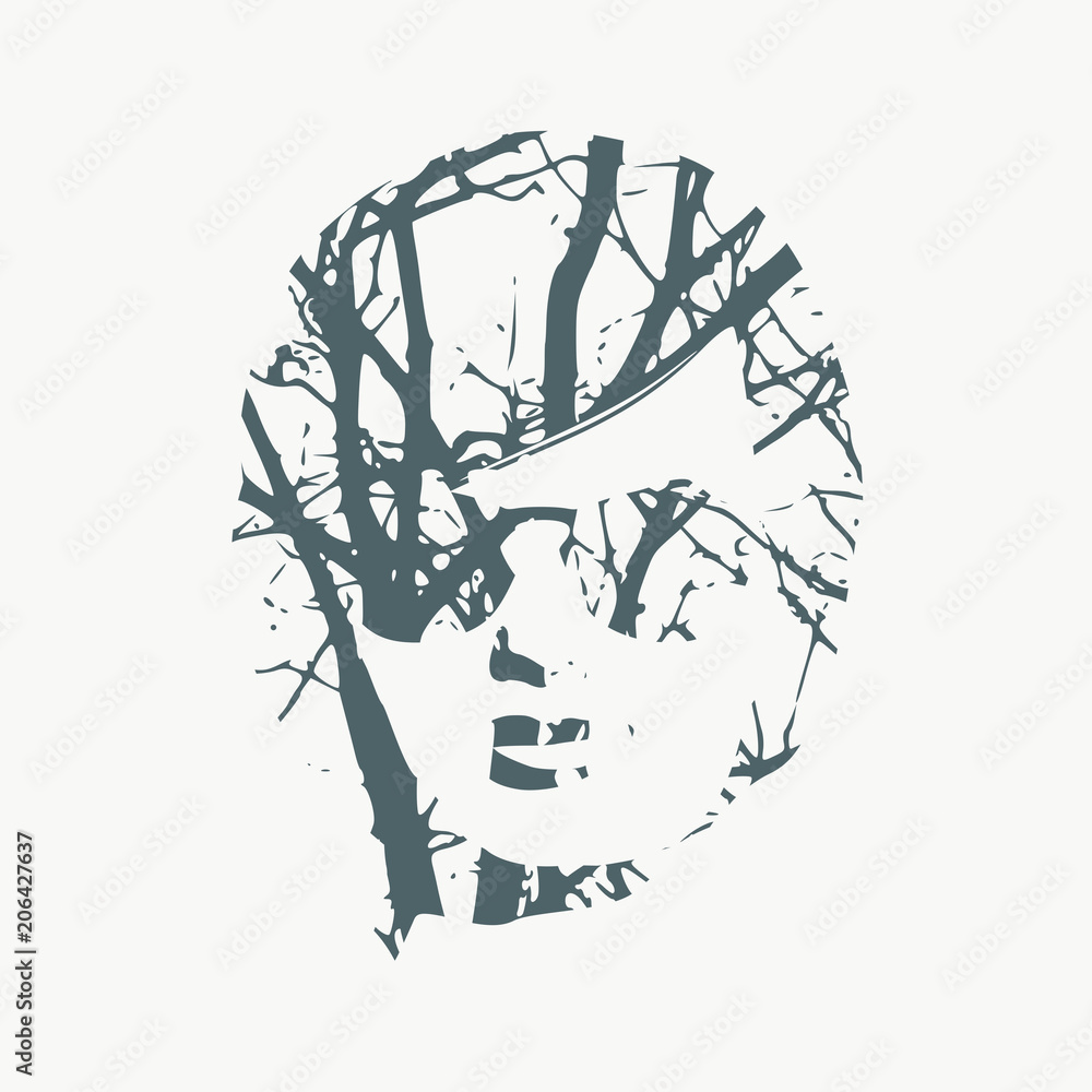 Face front view. Elegant silhouette of a woman spectacles. Double exposure Face front view. Elegant silhouette of a woman spectacles. Double exposure