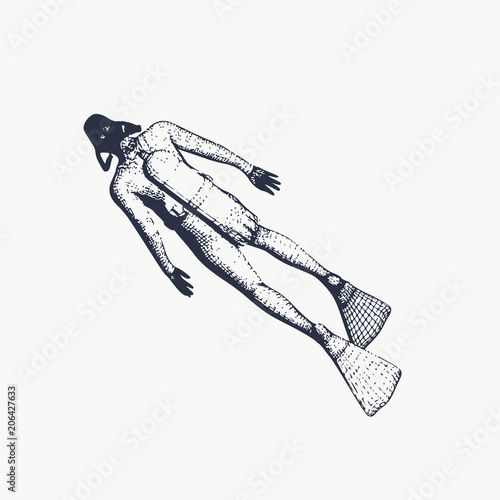 Silhouette of diver. Icon diver. The concept of sport diving. Vintage engraved illustration