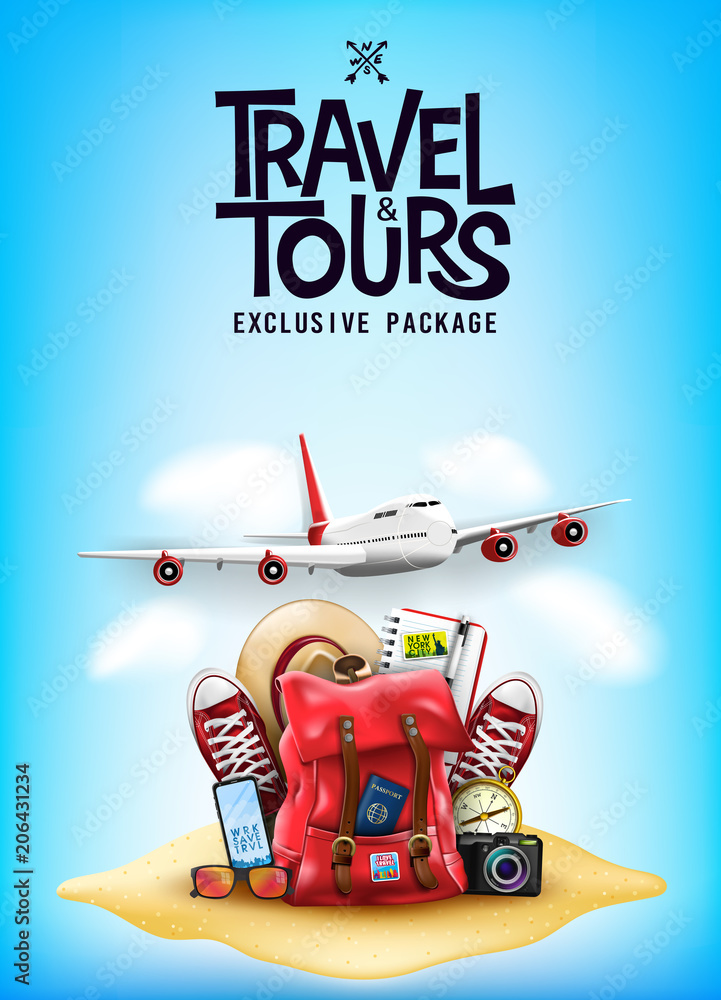 Travel and Tours Poster with 3D Realistic Travel Items Like Airplane,  Backpack, Sneakers, Mobile Phone, Passport and Sunglasses in the Sand Blue  Background Poster Design. Vector Illustration Stock Vector | Adobe Stock
