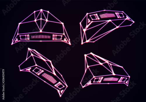 Neon space ships set of attacking invaders or defending fighters with 80s retro arcade game style and laser geometric contour