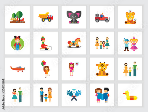 Childhood concept. Flat icon set. Preschooler, parenthood, kindergarten. Can be used for topics like family, education, childcare