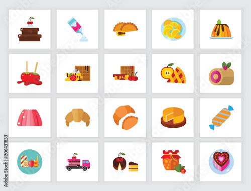 Sweet food concept. Flat icon set. Dessert, confectionary, bakery. Can be used for topics like gastronomy, food, unhealthy eating