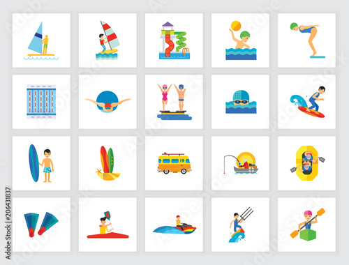Swimming activity concept. Flat icon set. Swimming pool, water park, water sport. Can be used for topics like leisure, summer vacation, professional sport, travel